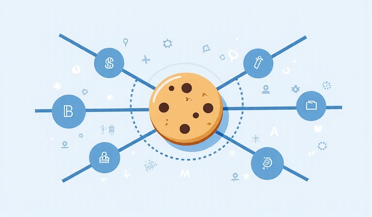 A cookie-k működését illusztráló kép, egy apró digitális süti ikonokkal és hálózati kapcsolatokkal körülvéve.